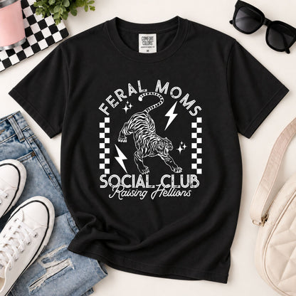 Black graphic T-shirt with bold Feral Moms Social Club front print