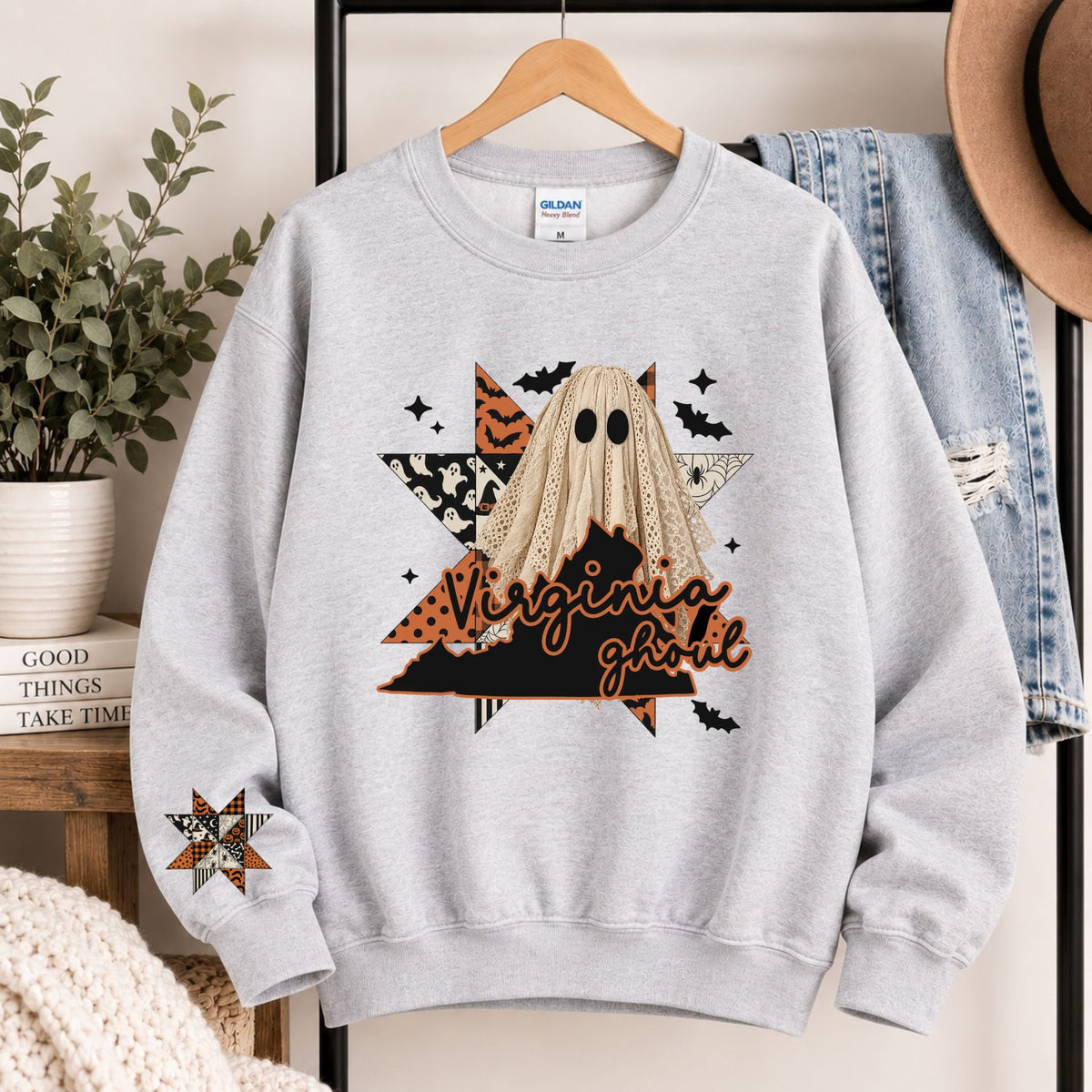 Light gray crewneck sweatshirt with hooded ghost and Virginia ghoul graphic