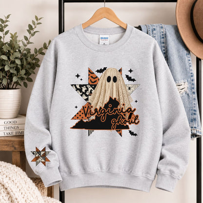 Light gray crewneck sweatshirt with hooded ghost and Virginia ghoul graphic