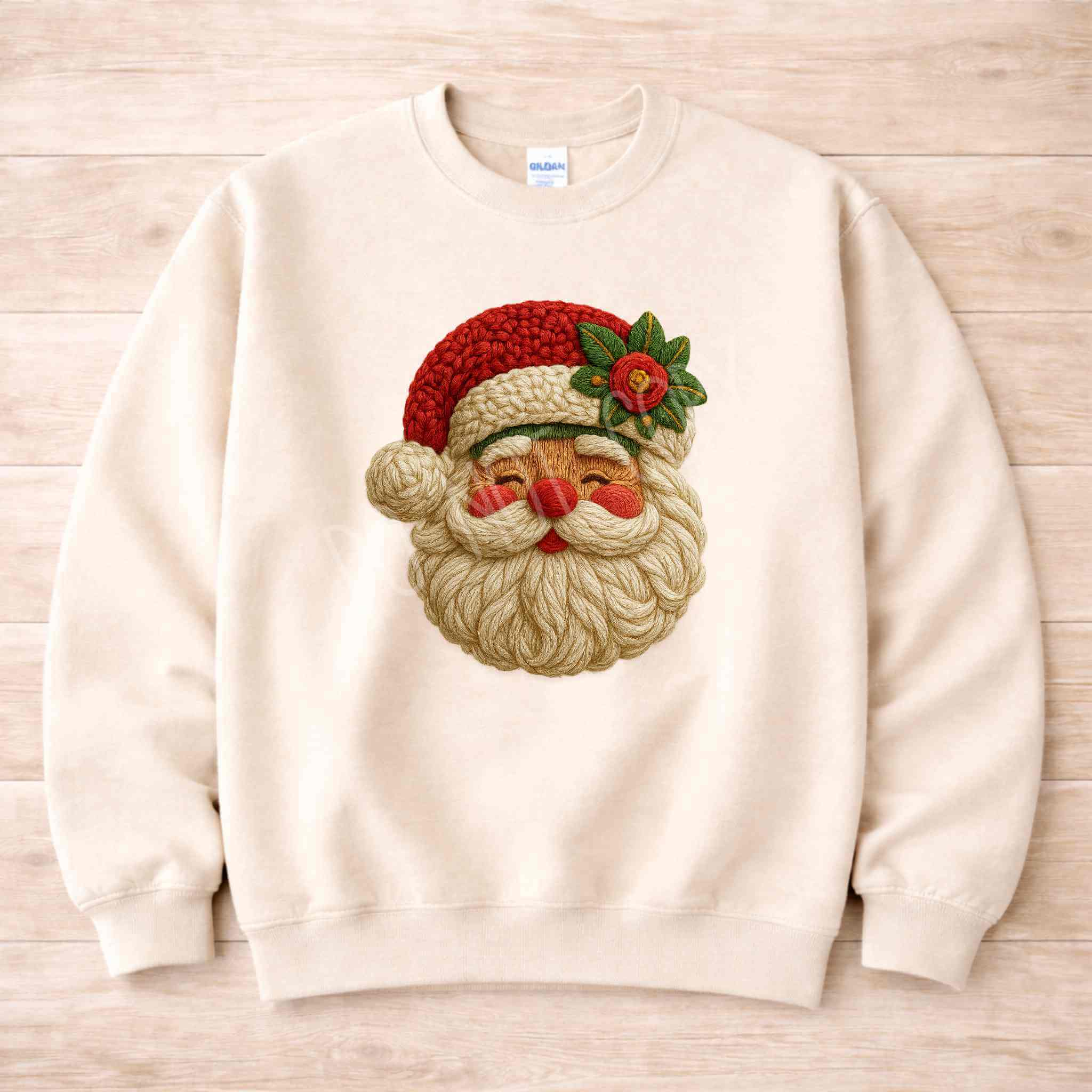 Cozy Knit Santa Face Christmas Sweatshirt featuring a festive Santa face design in warm colors.