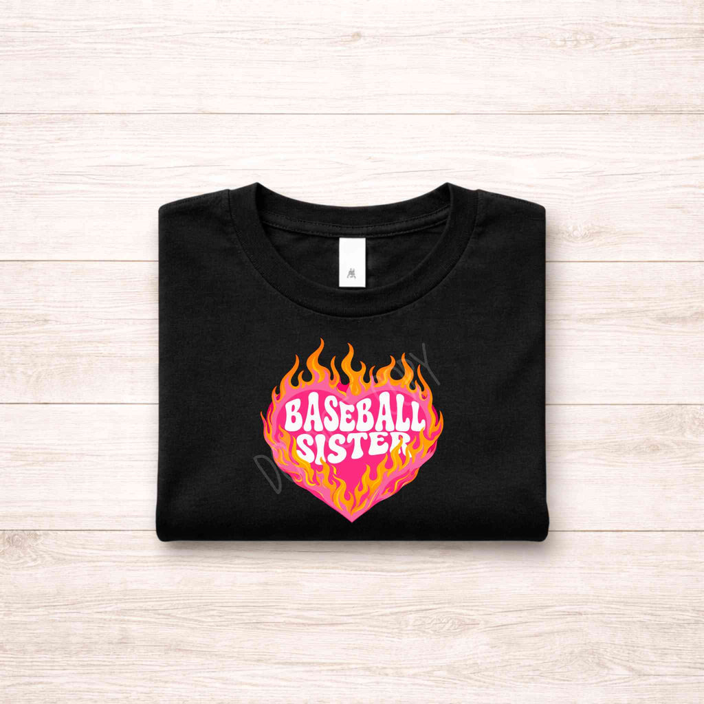 Baseball Family Flaming Heart Shirt – Baseball Mom Sister Nana Aunt Game Day Tee