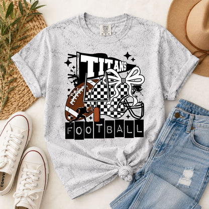 Light gray football T-shirt with Titans bow graphic and football checkered print