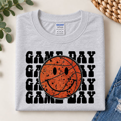Heather gray T-shirt with orange basketball smiley face and black GAME DAY lettering