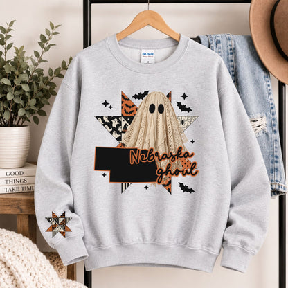 Light gray crewneck sweatshirt with Nebraska ghoul state graphic and burlap ghost hood