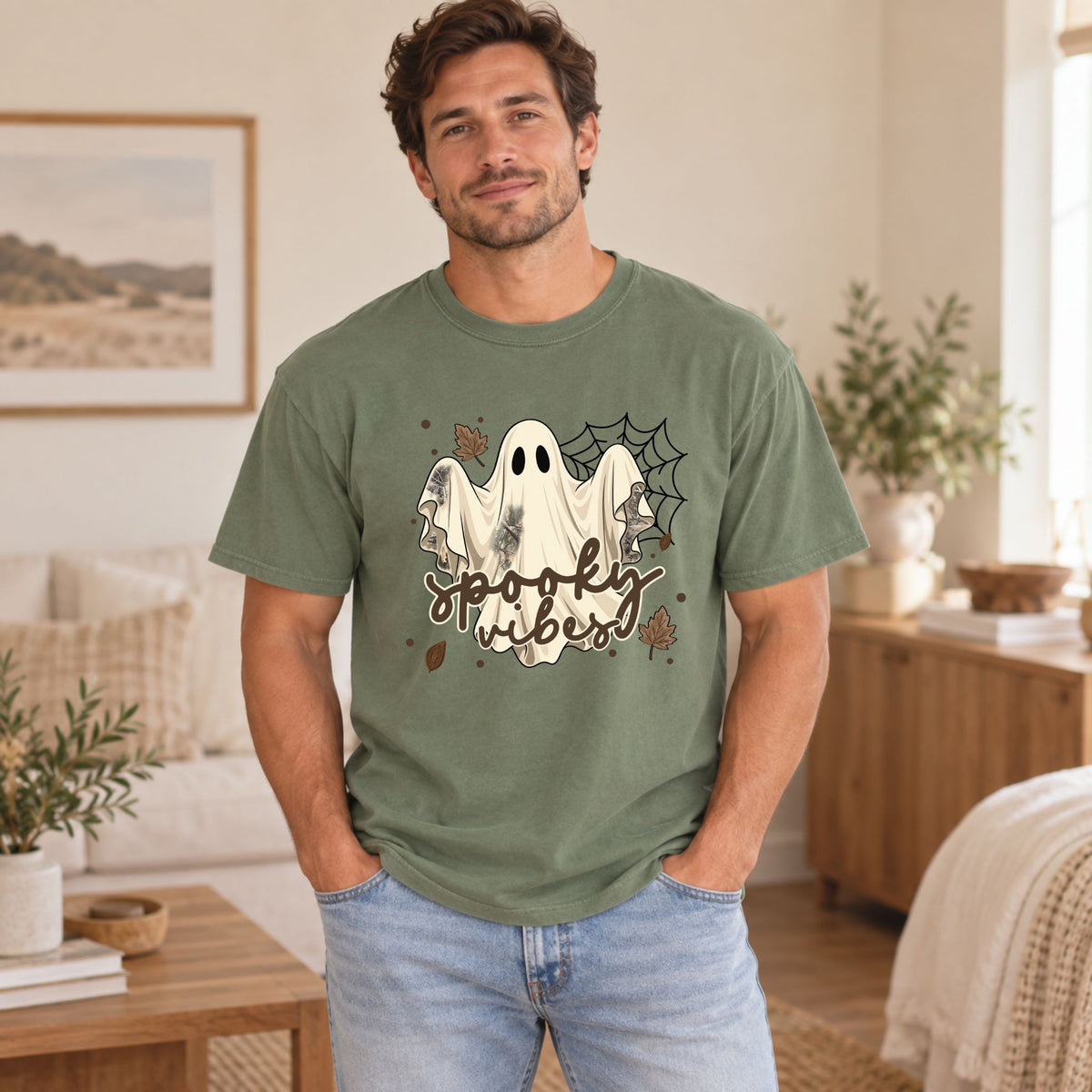 Green Halloween graphic tee with three white ghosts, spider webs, and “spooky vibes” text