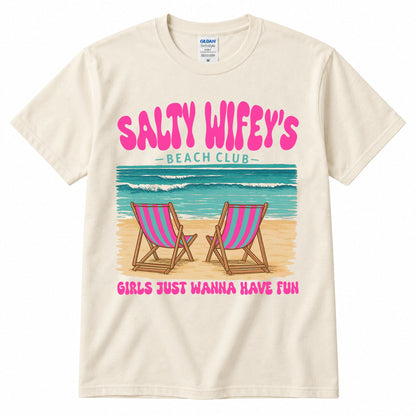 Cream graphic t-shirt with "SALTY WIFEY'S" beach club print and two lounge chair illustration