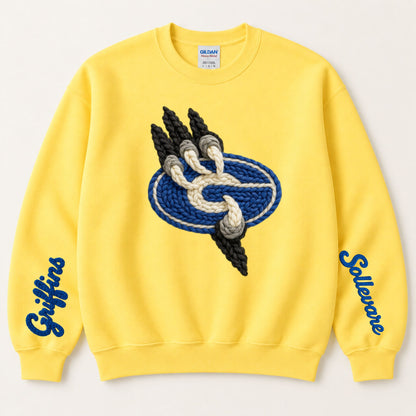 Yellow crewneck sweatshirt with braided griffin emblem and 'Gateway' script on sleeves