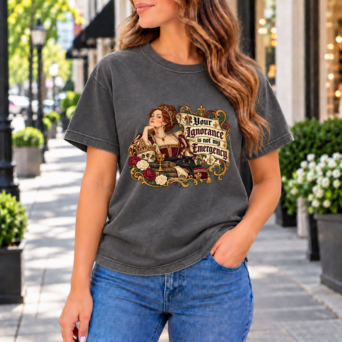 Dark gray graphic tee with large retro slogan print on front