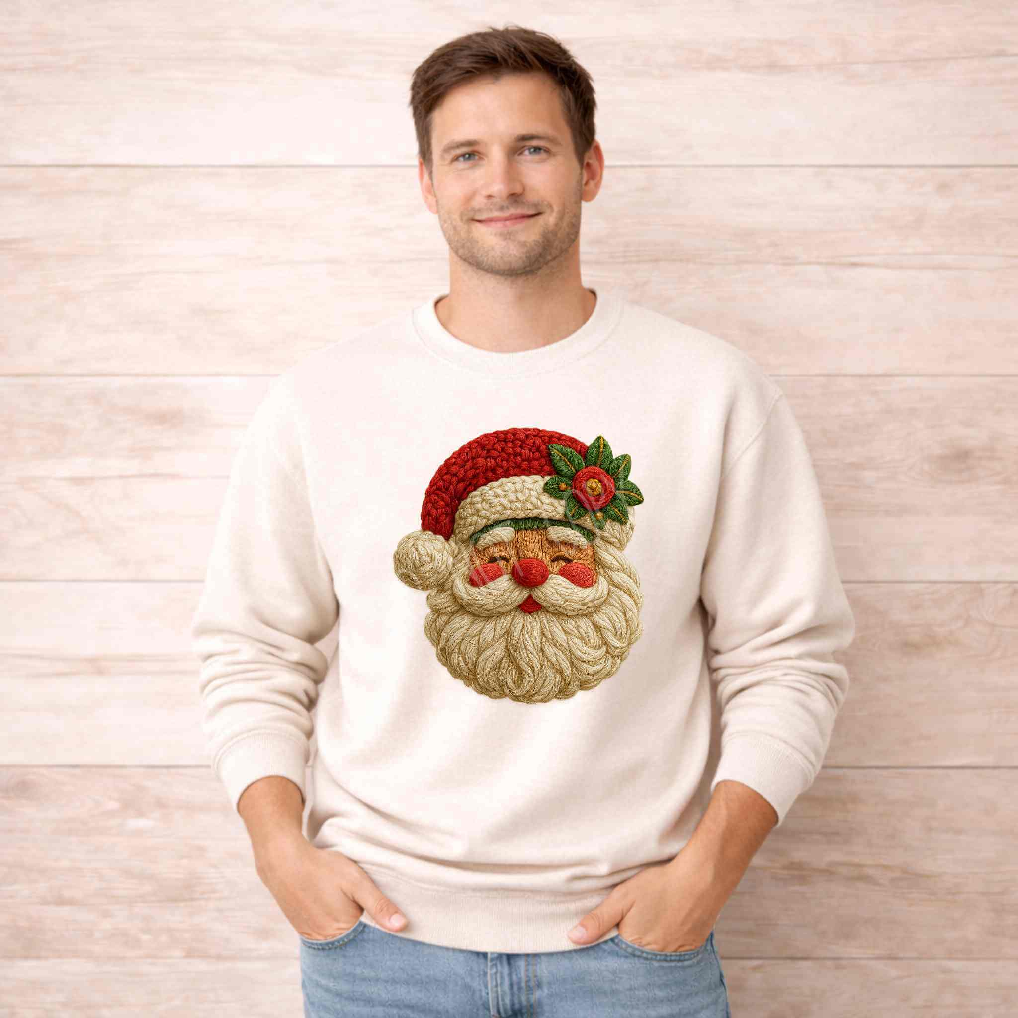 Cozy Knit Santa Face Christmas Sweatshirt featuring a cheerful Santa design, perfect for festive winter celebrations.