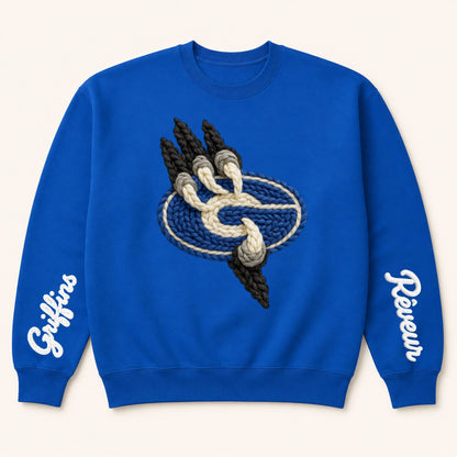 Blue crewneck sweatshirt with braided griffin emblem and 'Gateway' script on sleeves