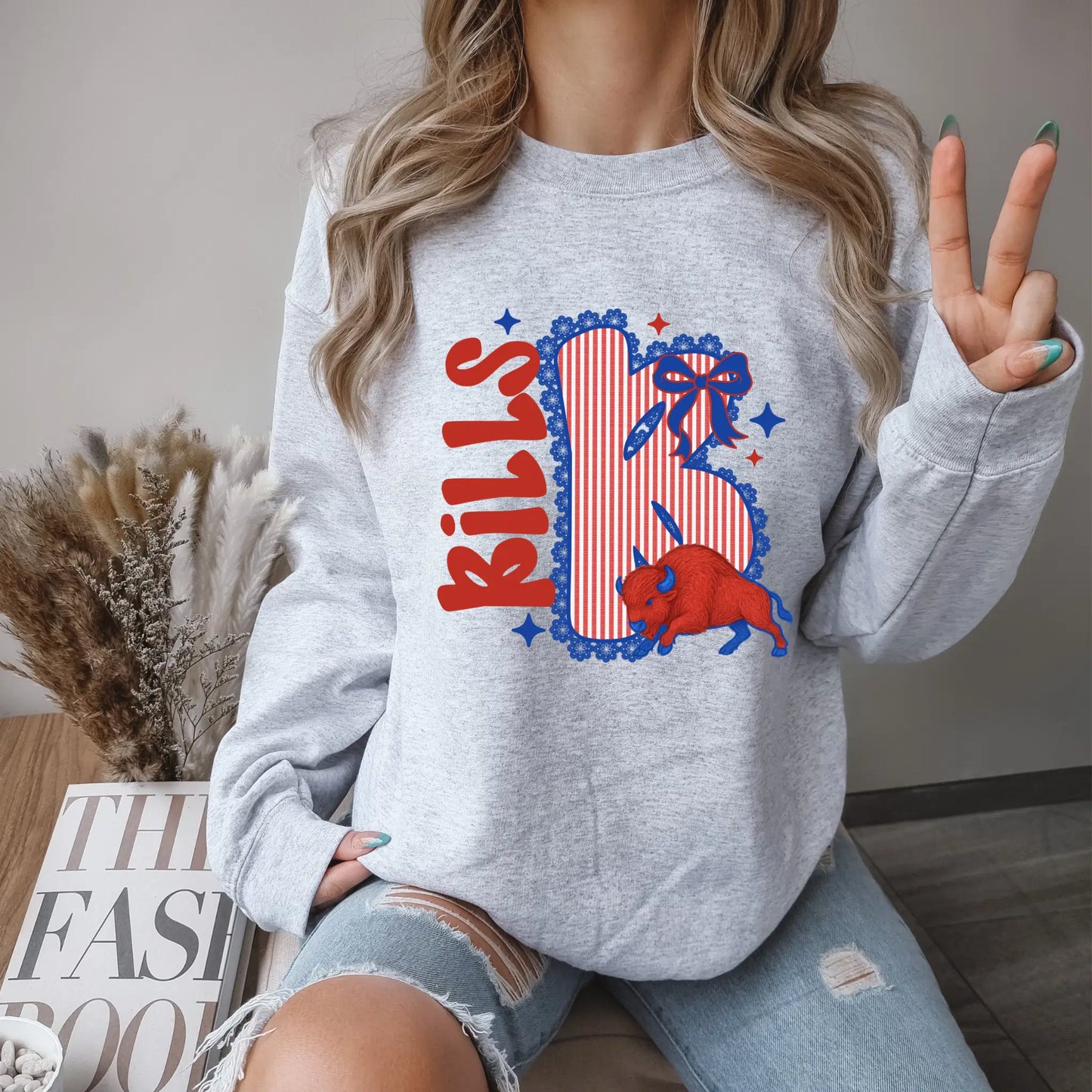 Buffalo Bills Sweatshirt Women's Football Sunday Game Day Pullover Patriotic Red White and Blue