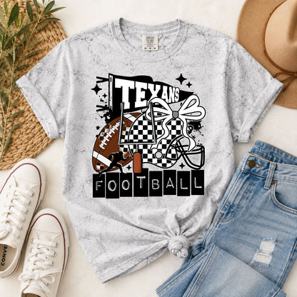 Light gray football T-shirt with Texans bow graphic and football checkered print