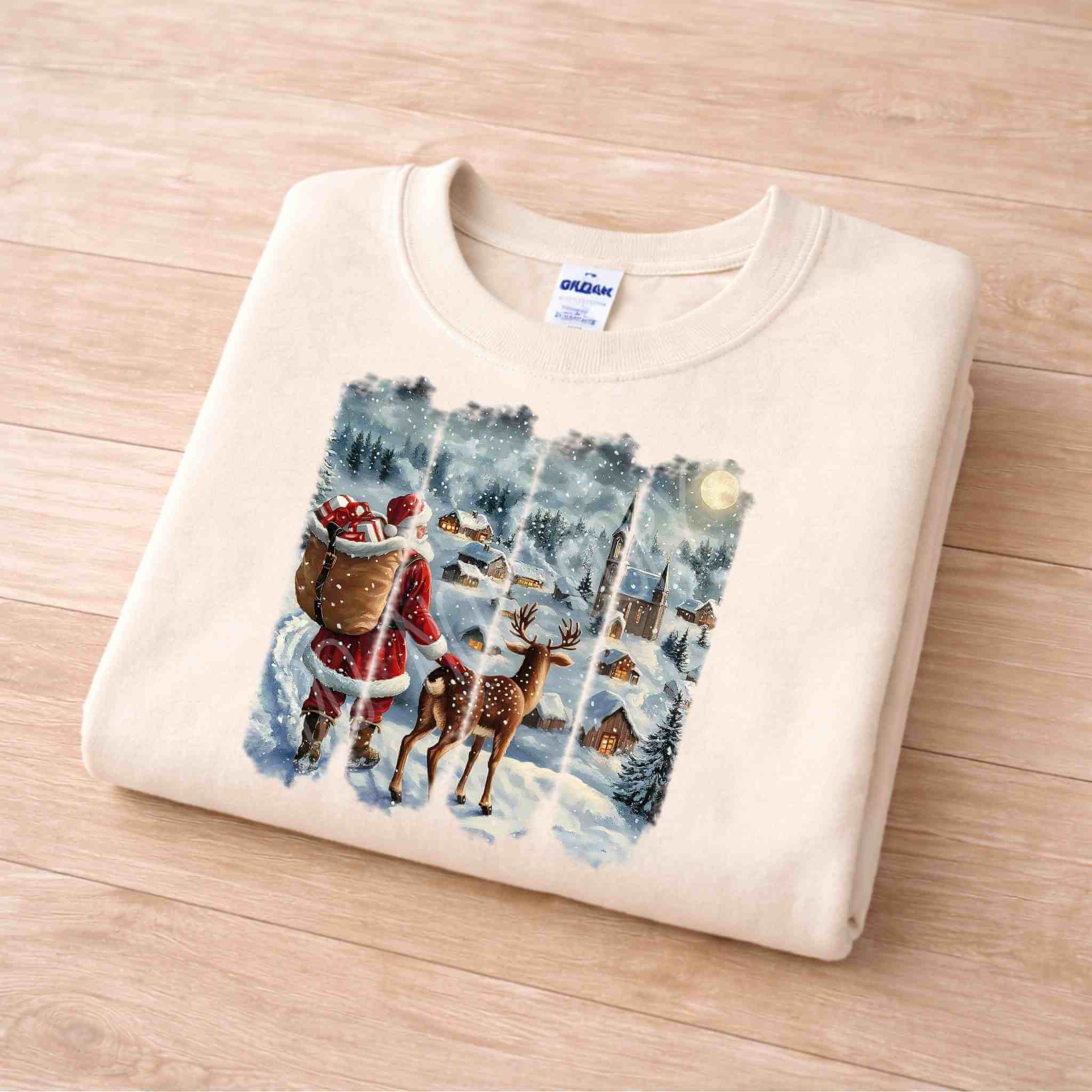 Santa and Reindeer Christmas Village Sweatshirt showcasing a festive scene with Santa and a reindeer in a snowy village.