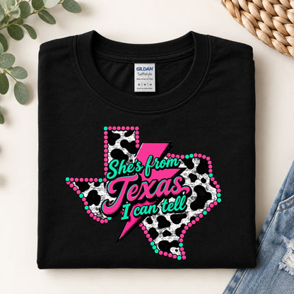 Black crewneck sweatshirt with Texas cow print graphic and dotted border