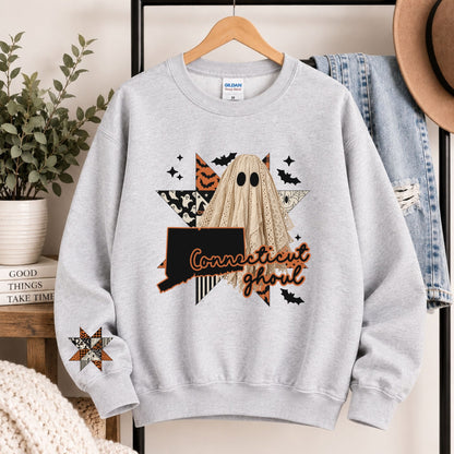 Light gray crewneck sweatshirt with Connecticut state ghost Halloween graphic