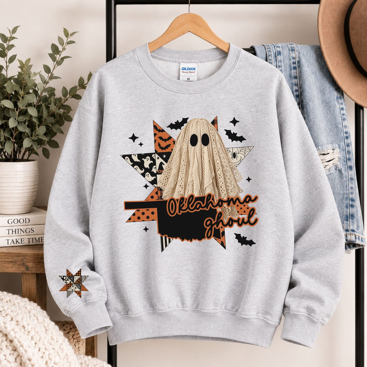 Light gray crewneck sweatshirt with hooded ghost and Oklahoma ghoul graphic