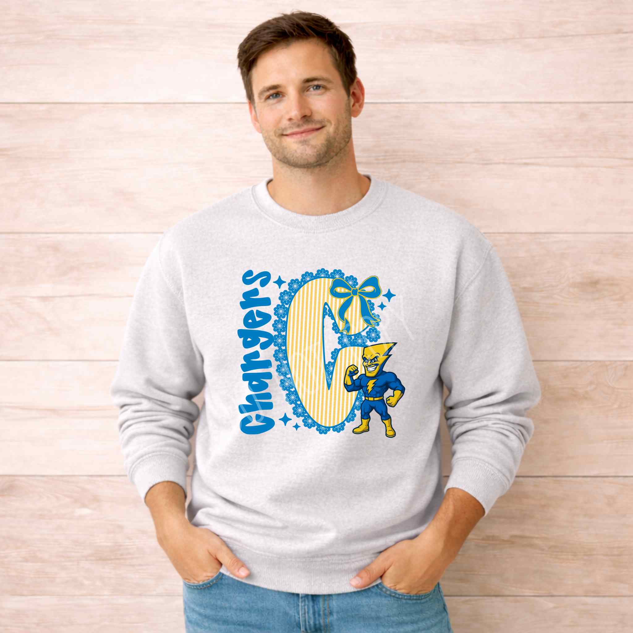 Chargers Mascot Sweatshirt – Personalized School Spirit Crewneck | Blue & Yellow Chargers Apparel