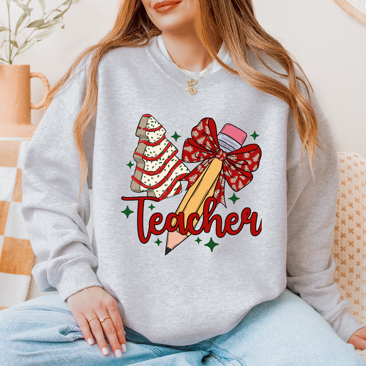 Christmas Teacher Sweatshirt – Holiday Classroom Crewneck with Festive Pencil & Cookie Tree Design