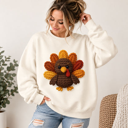 Cream crewneck sweatshirt with knitted turkey appliqué in orange, brown, and red.