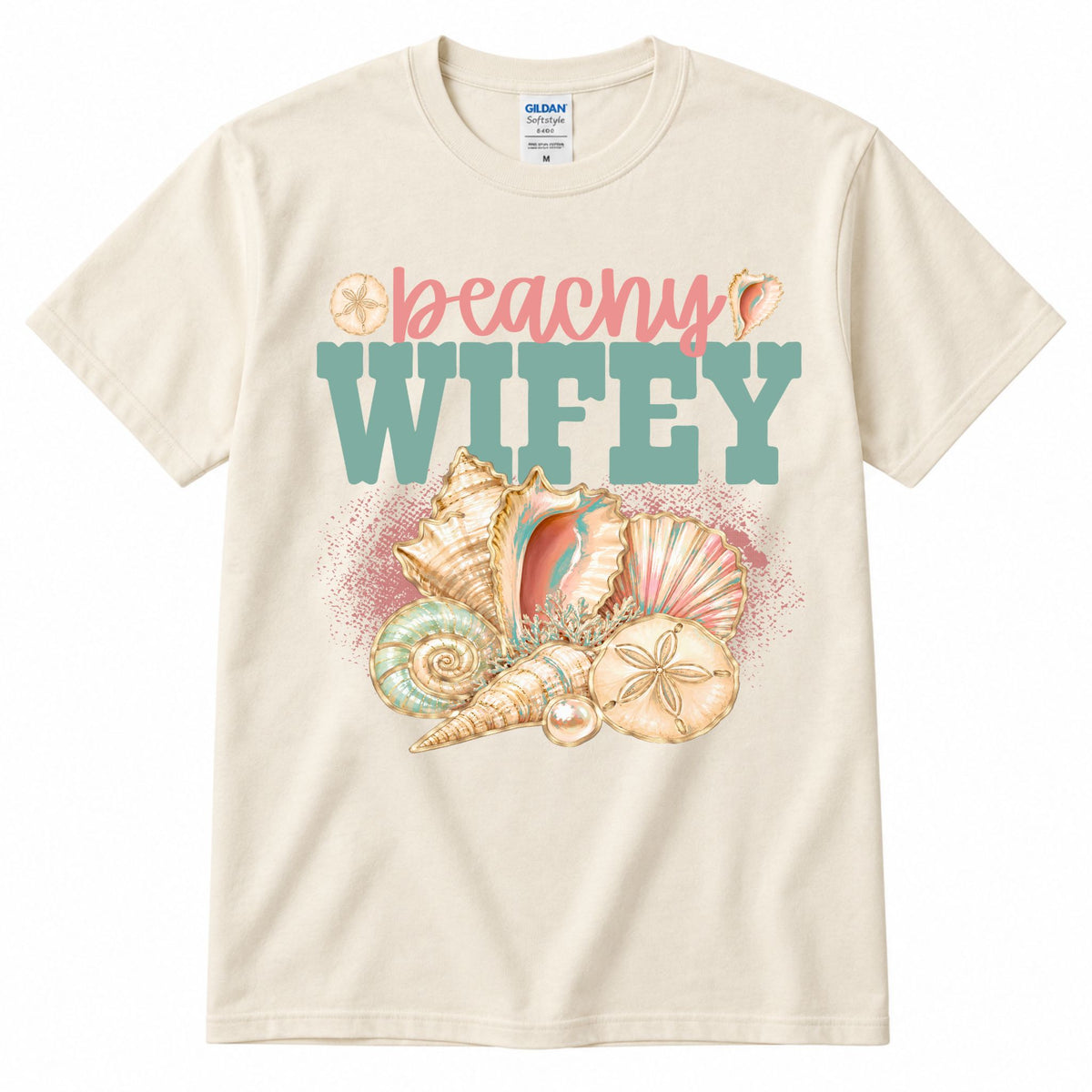 Cream crewneck graphic T-shirt with “beachy” and “WIFEY” shell artwork