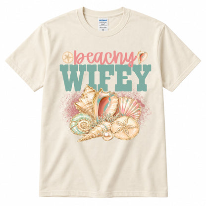 Cream crewneck graphic T-shirt with “beachy” and “WIFEY” shell artwork
