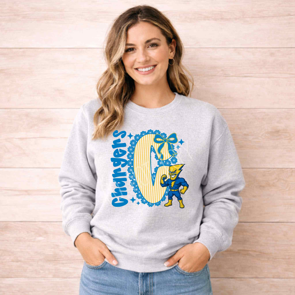 Chargers Mascot Sweatshirt – Personalized School Spirit Crewneck | Blue & Yellow Chargers Apparel