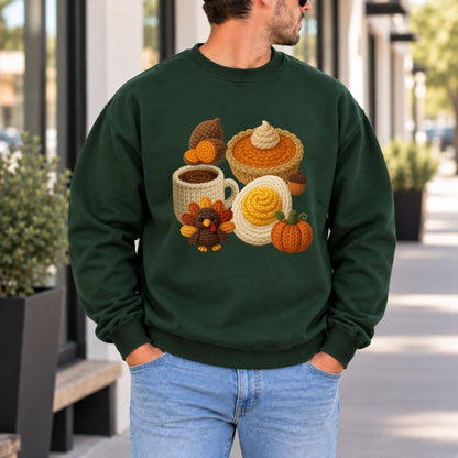Green crewneck sweatshirt with crocheted Thanksgiving graphic of pumpkins, mug, and turkey