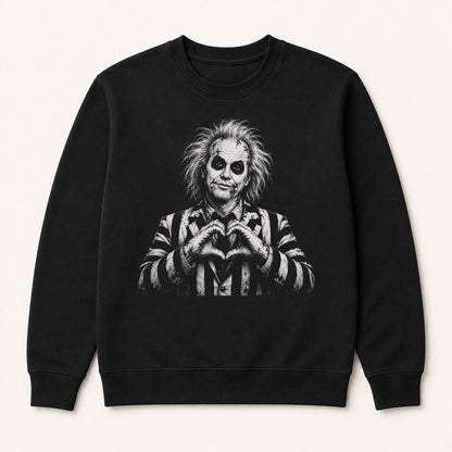 Black crewneck sweatshirt featuring a monochrome portrait graphic