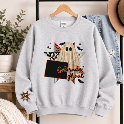 Light gray crewneck sweatshirt with Colorado state ghost Halloween graphic