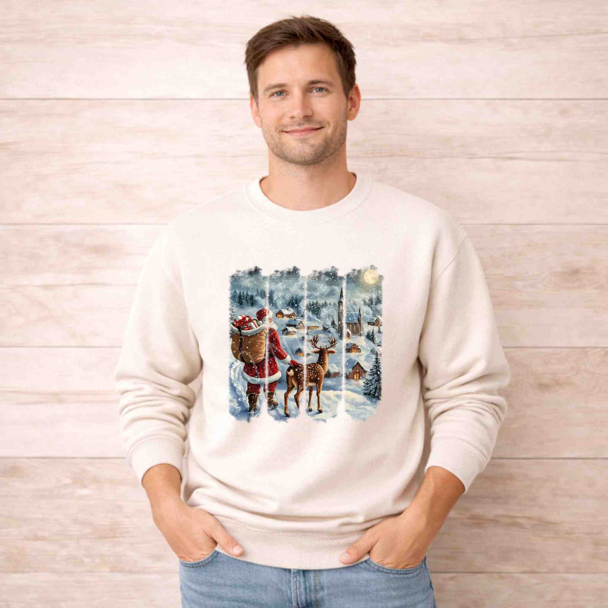 Santa and Reindeer Christmas Village Sweatshirt worn by a smiling man in a winter setting.