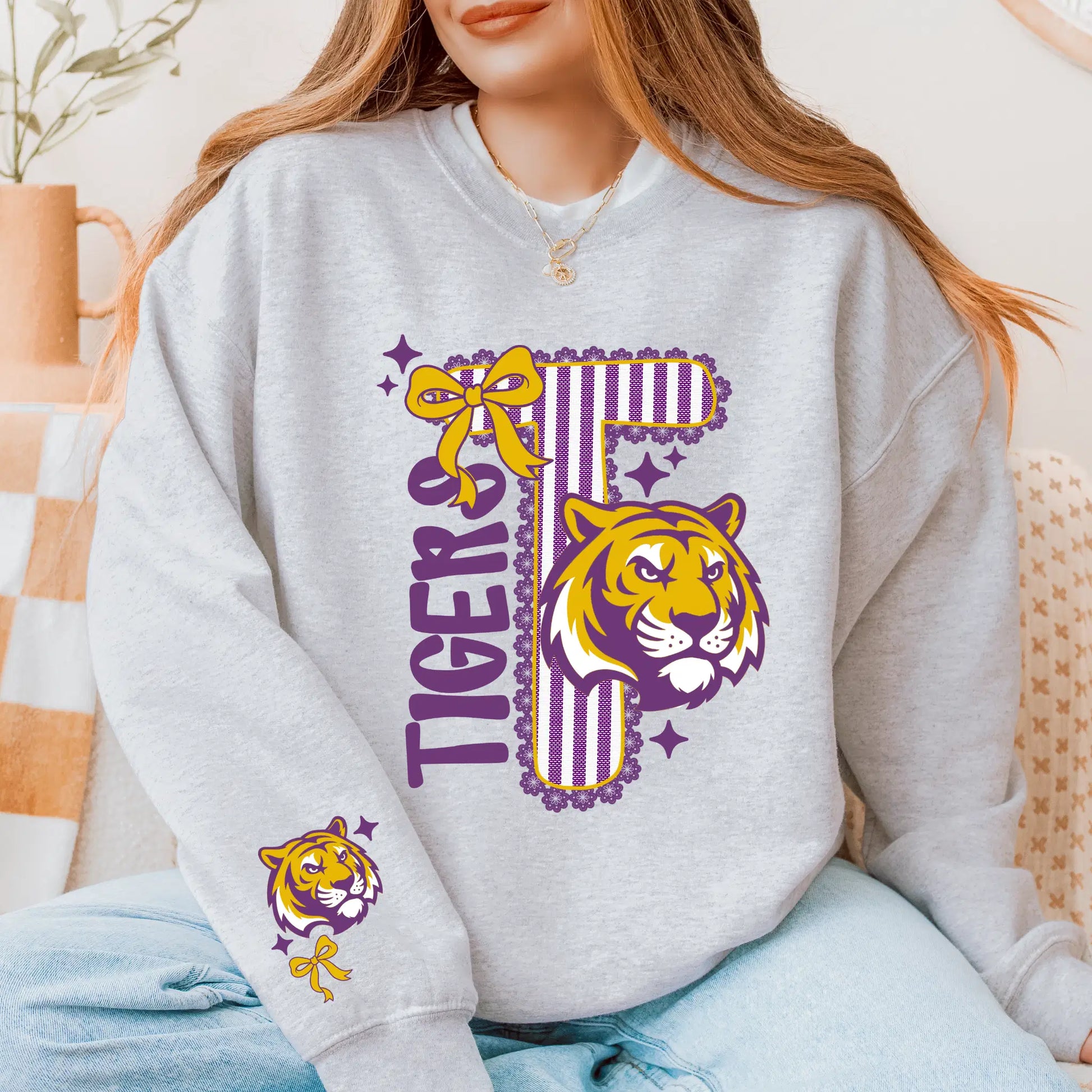 Purple & Gold LSU Tigers Sweatshirt - Game Day Crewneck with Bow and Striped T Design by Becca's Banging Designs