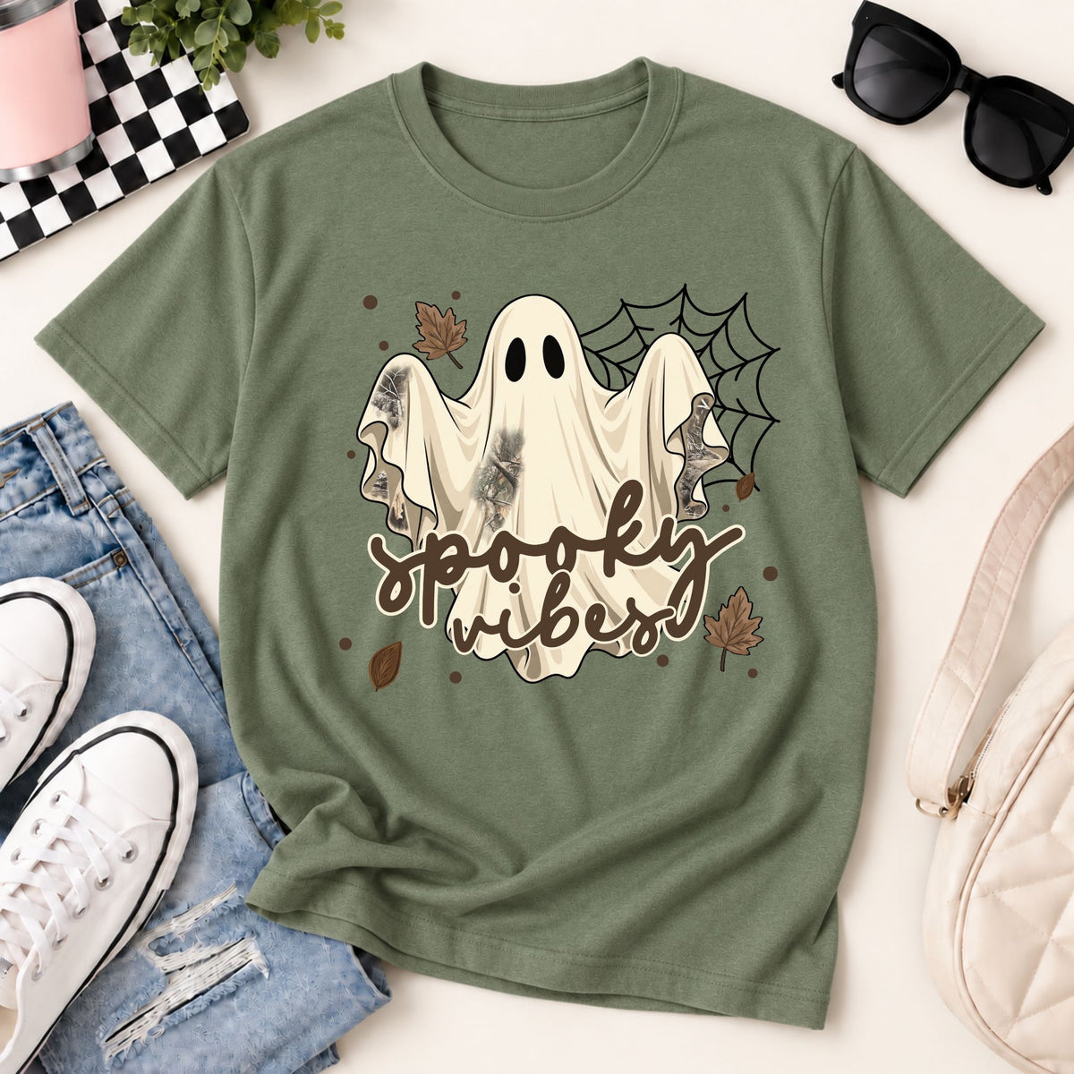 Flat lay green Halloween graphic tee with white ghosts, spider webs, and “spooky vibes” print