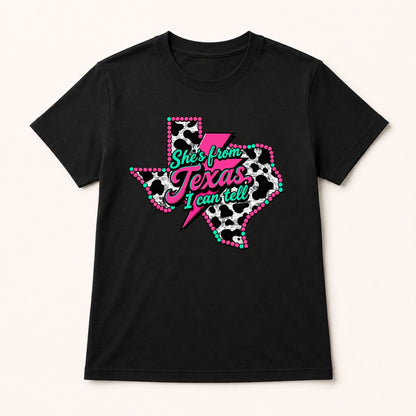Black crewneck T-shirt with “She’s from Texas I can tell” Texas map graphic