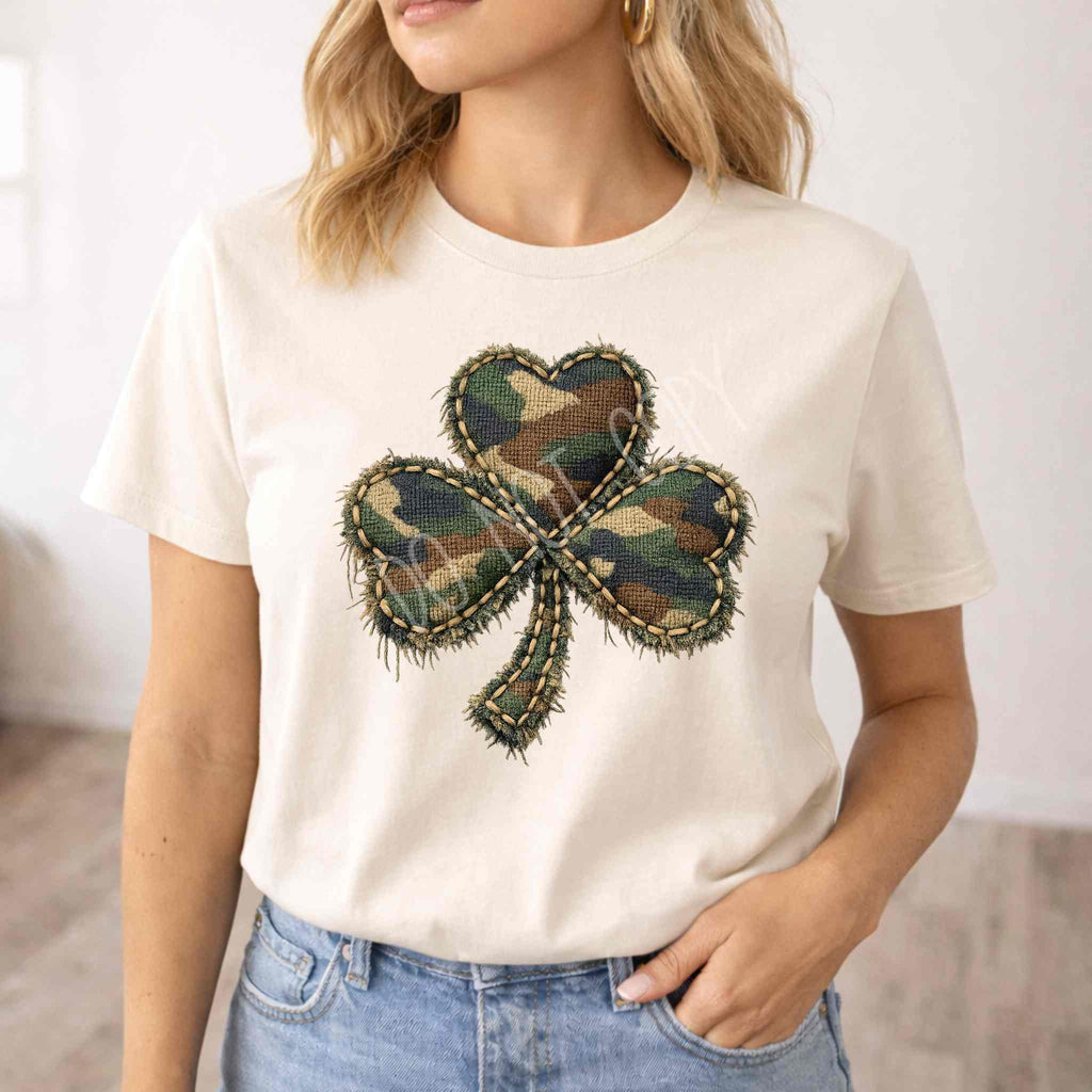 Rustic Camo Shamrock T-Shirt – St. Patrick’s Day Clover Shirt | Vintage Patch Style Shamrock Tee