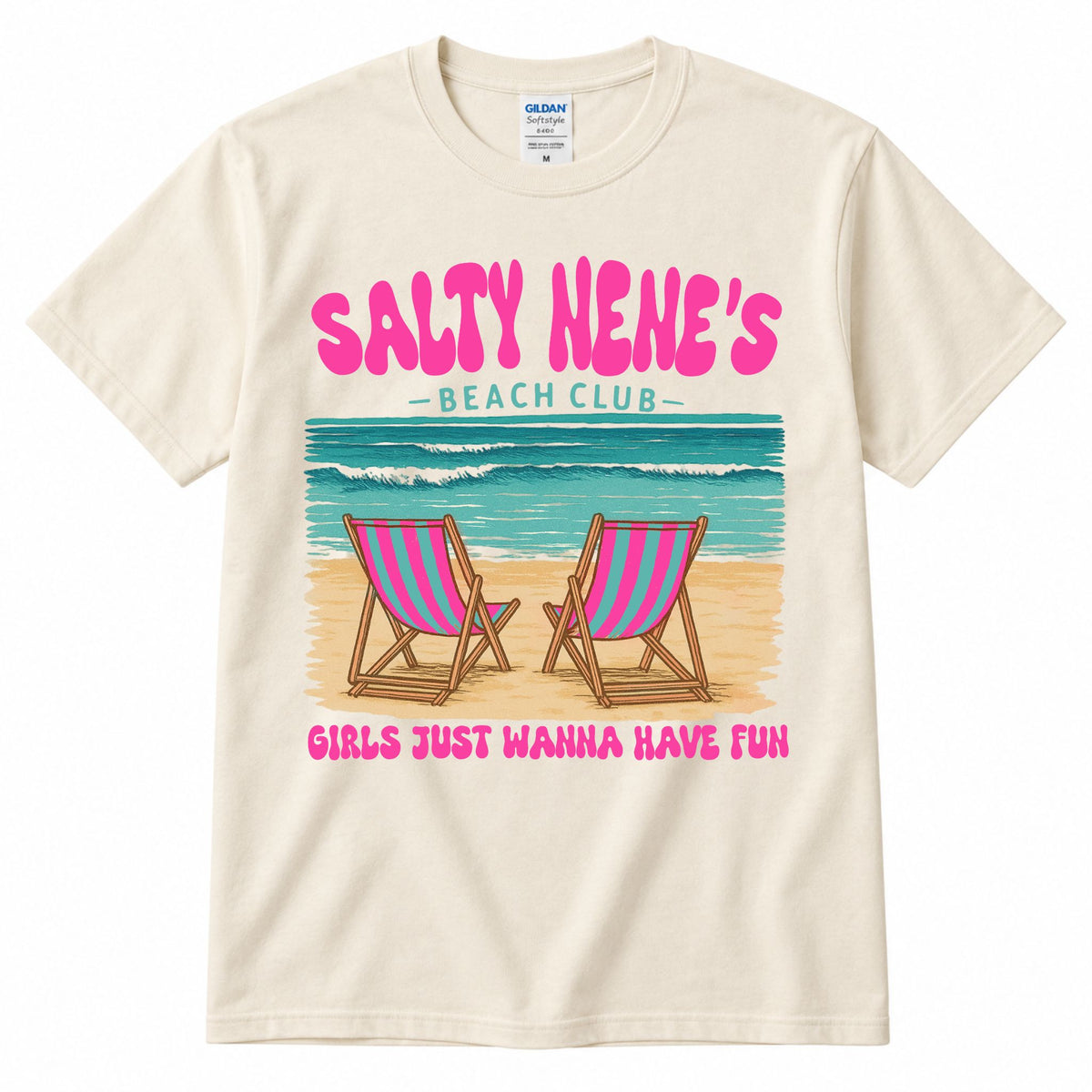 Cream graphic t-shirt with "SALTY NENE'S" beach club print and two pink striped chairs