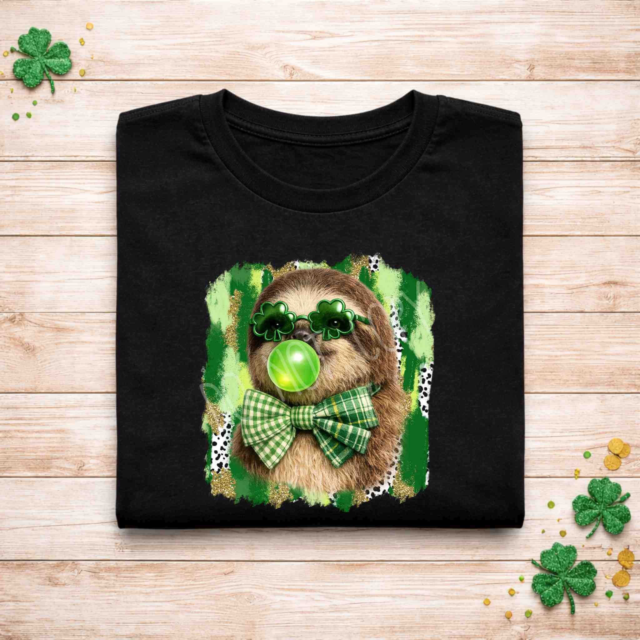 St. Patricks Day sloth shirt featuring a sloth with shamrock glasses and a green gingham bow on a festive background.