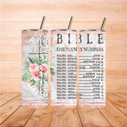 Bible Emergency Numbers Christian Tumbler - 20oz Stainless Steel Floral Cross Marble Tumbler with Straw