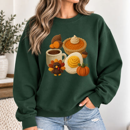 Green crewneck sweatshirt with crocheted Thanksgiving graphic: pumpkins, pie, mug, turkey
