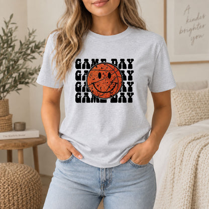 Heather gray T-shirt featuring an orange basketball smiley and black GAME DAY lettering