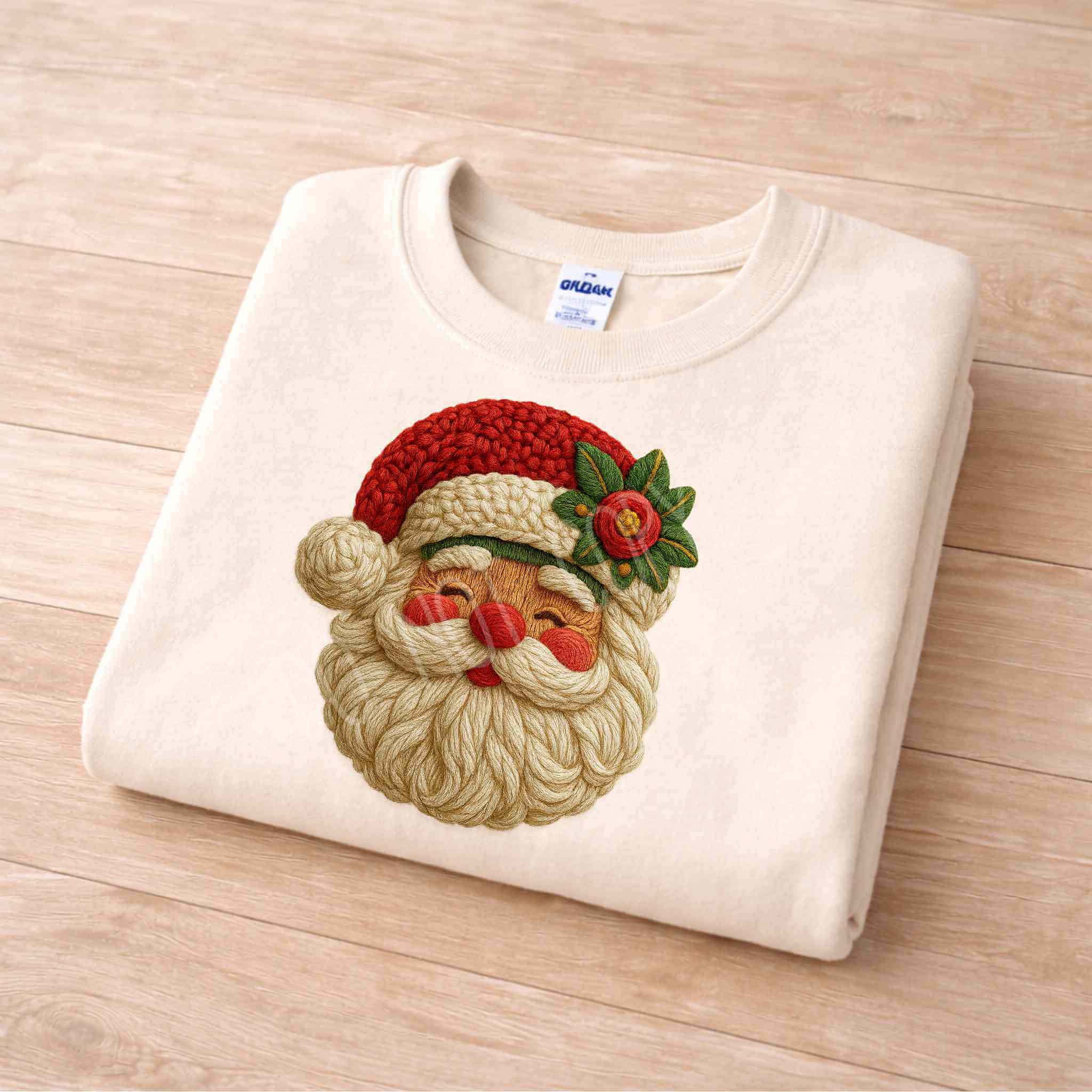 Cozy Knit Santa Face Christmas Sweatshirt featuring a festive Santa face design on a soft sweatshirt.