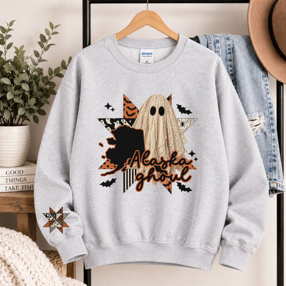 Light gray crewneck sweatshirt with Alaska state ghost Halloween graphic