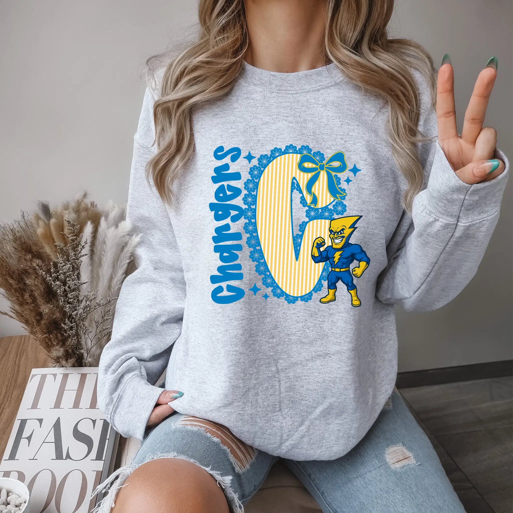 Chargers Seersucker Sweatshirt: Football Sunday Game Day Pullover, crewneck grey sweatshirt with team logo