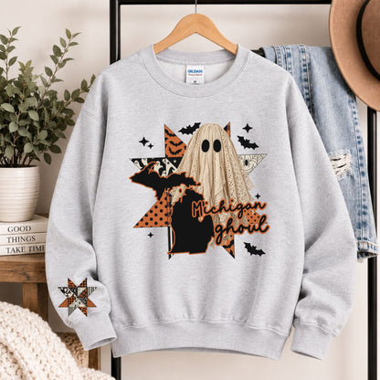 Light gray crewneck sweatshirt with Michigan ghoul state graphic and burlap ghost hood