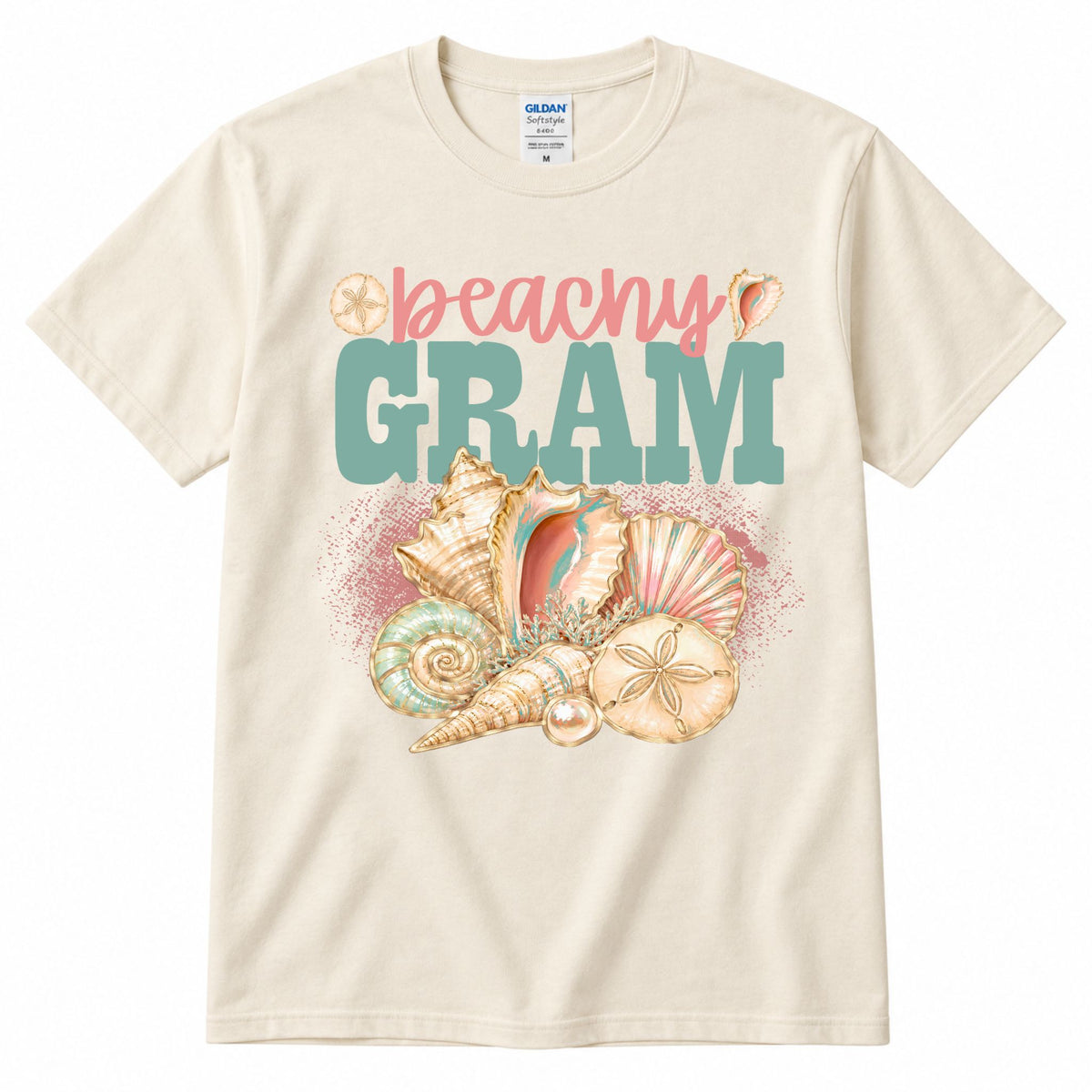 Cream crewneck graphic T-shirt with “beachy” and “GRAM” shell artwork