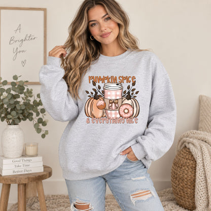 Light gray crewneck sweatshirt with long sleeves and pumpkin spice & everything nice print