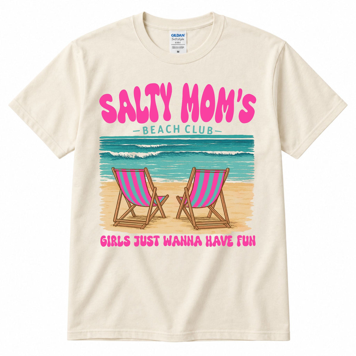 Cream graphic t-shirt with "SALTY MOM'S" beach club print and two pink striped chairs