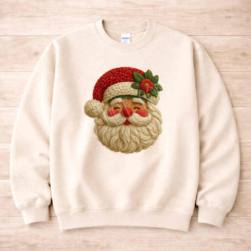 Cozy Knit Santa Face Christmas Sweatshirt featuring a playful Santa face design perfect for festive celebrations.