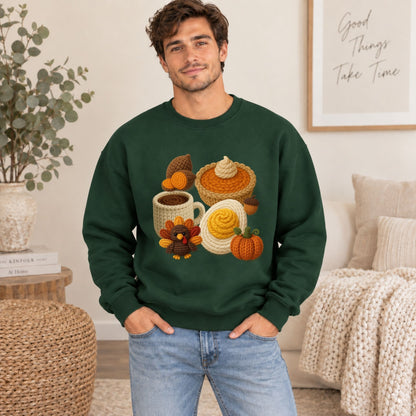 Green crewneck sweatshirt with crocheted Thanksgiving graphic: pie, pumpkins, mug, turkey