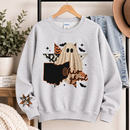 Light gray crewneck sweatshirt with hooded ghost and Ohio ghoul graphic
