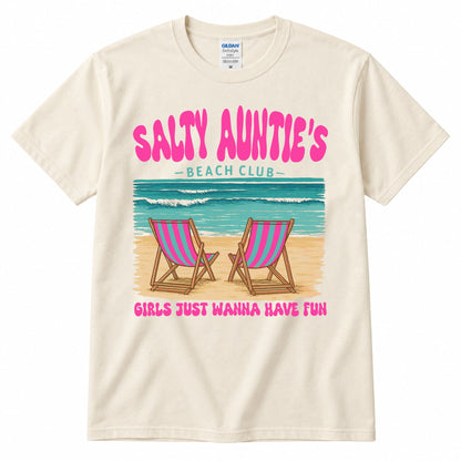 Cream graphic t-shirt with "SALTY AUNTIE'S" beach club print and two lounge chairs art